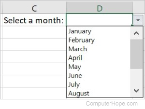 Drop-down list in Microsoft Excel, created by defining the list of values