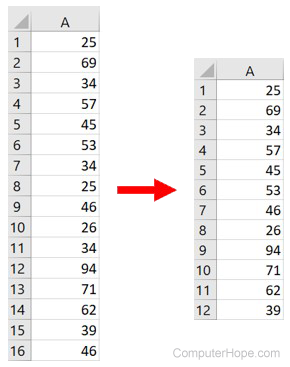 Duplicate values removed in Excel spreadsheet