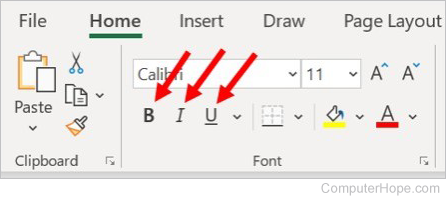 Microsoft Excel Home tab, Font section - Set bold, italics, underline