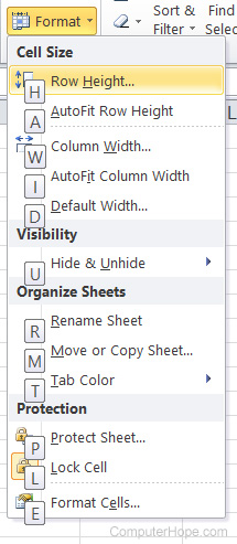 Microsoft Excel home tab format options