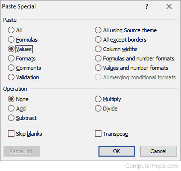 Excel Paste Special window with values selected