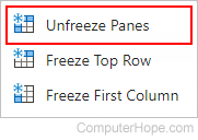Unfreeze Panes selector in Excel.