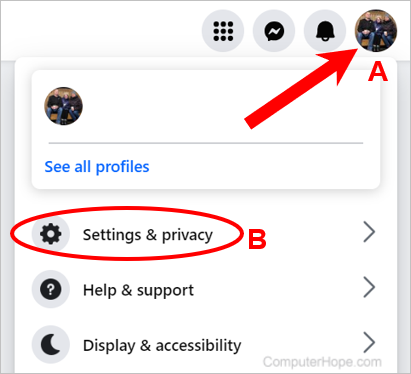 Settings and privacy option in the Facebook account menu.