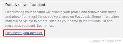 Facebook deactivate your account link.