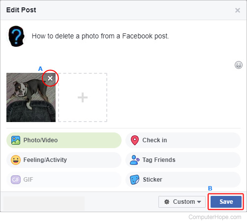 Deleting an image from a Facebook post.