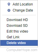 Selector to delete a video from Facebook.