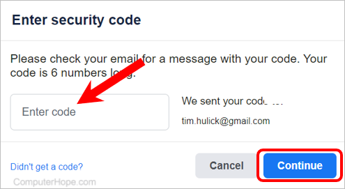Enter security code sent by Facebook.