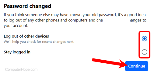 Facebook password changed window.