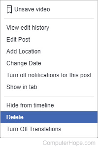 Delete selector for a post on Facebook.