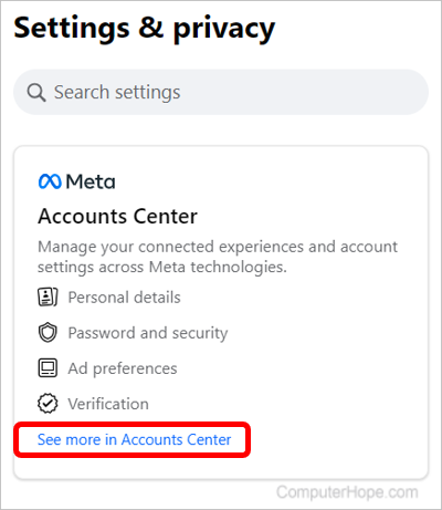 Accounts Center link on Facebook settings page.