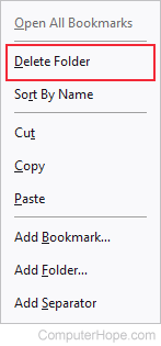 Menu to delete a bookmarks folder in Firefox.
