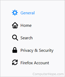 General settings selector in Firefox.