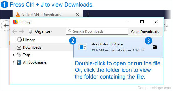Firefox downloads window (Library) in Windows 10.