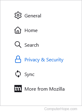 Privacy and security selector on Firefox.