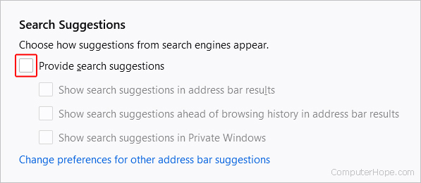 Unchecking Provide search suggestions box.