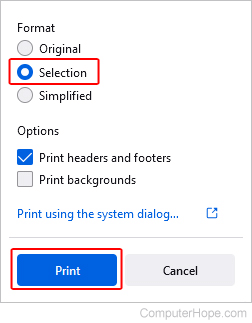Printing highlighted text in Firefox.