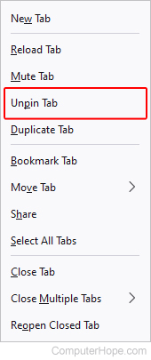 Unpinning a tab in Firefox.