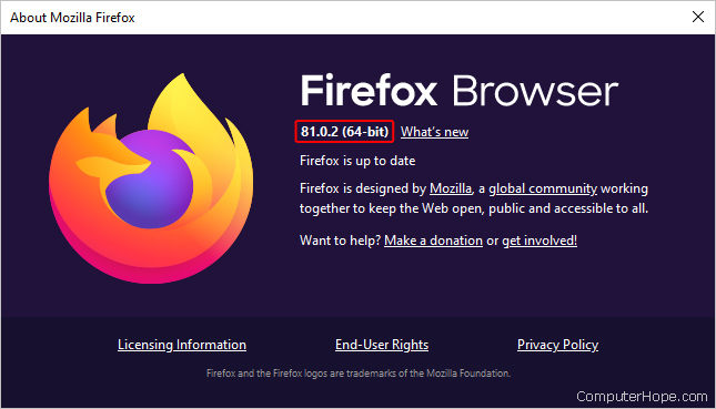 Window that shows details about Firefox.