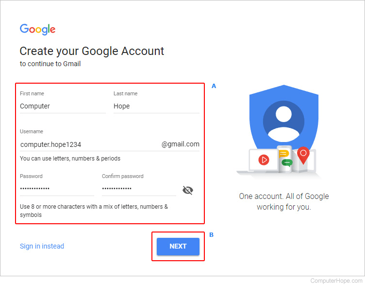 Account creation screen in Gmail.