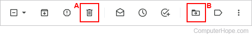 Delete and move icons in Gmail.