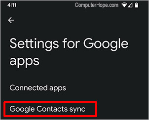 Settings for Google contacts sync