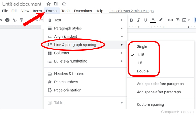 Google Docs line spacing options.