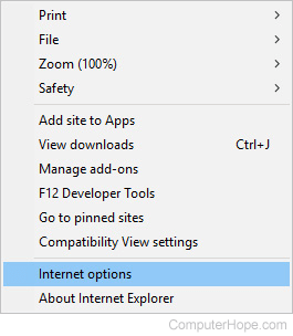 Selector to choose Internet options in MSIE (Microsoft Internet Explorer).