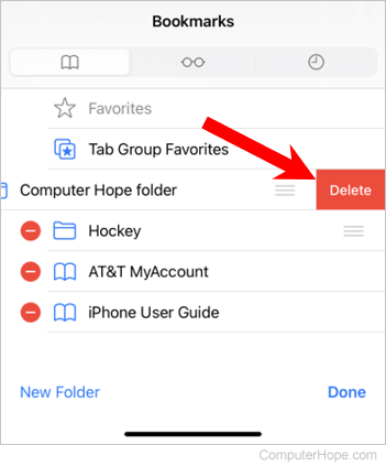 Safari bookmarks folder Delete button on iPhone.