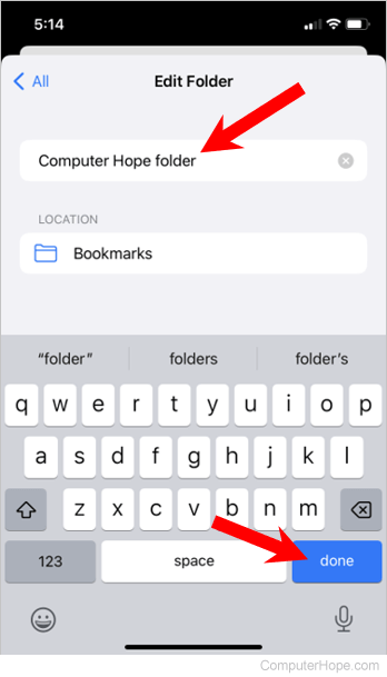 Name a new bookmarks folder in Safari for iPhone.