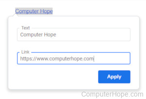 Hyperlink creation window in Google Docs