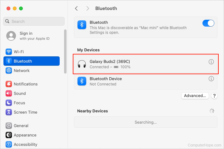 Connected Bluetooth device list in macOS.