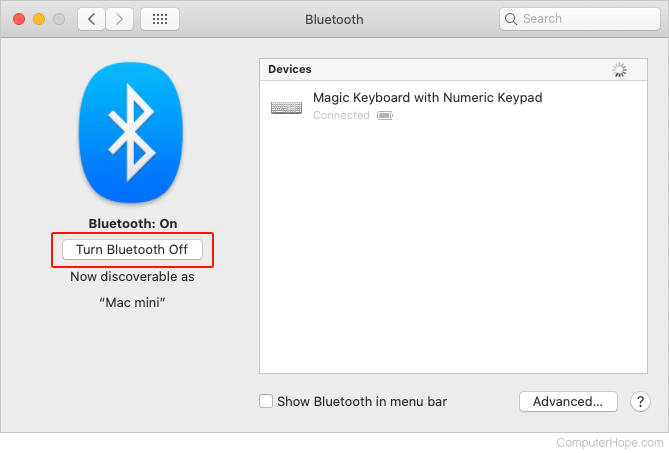 Bluetooth toggle button.