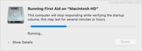 Running a First Aid scan in macOS.