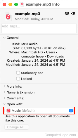 Selecting the default player for an mp3 file in macOS.