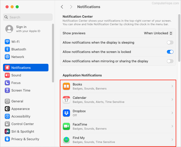 List of applications whose notification settings can be changed in macOS.