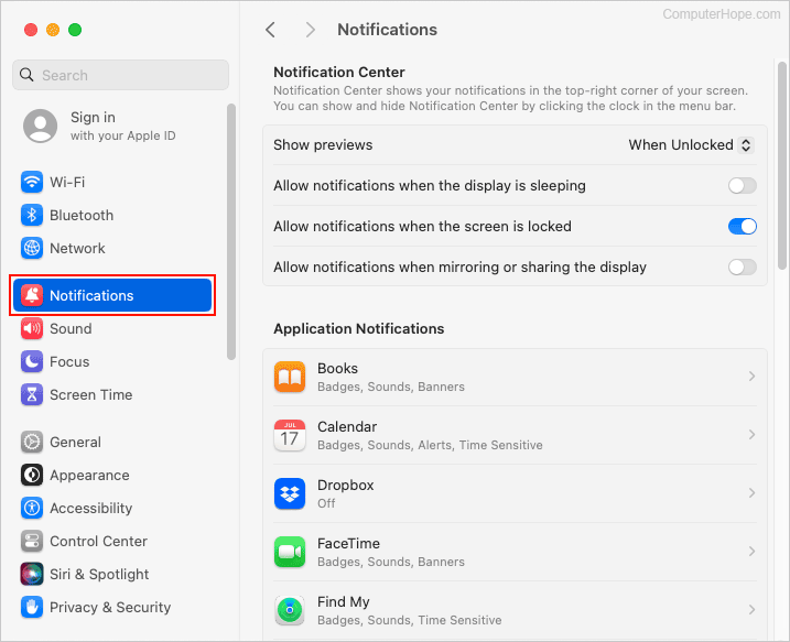 Notification selector in macOS.
