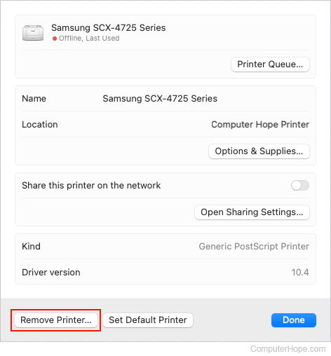 Remove Printer button in macOS.