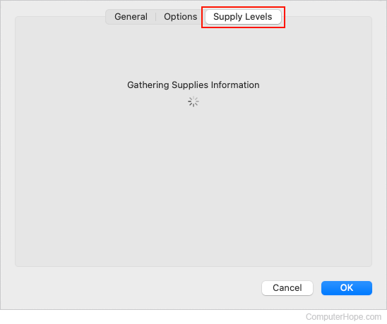 Printer Supply Levels tab in macOS.