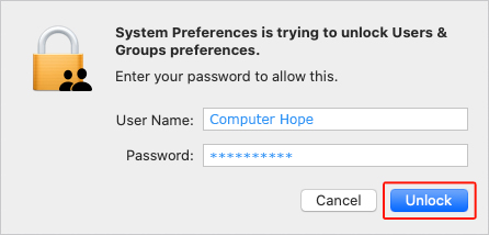 User account unlock password prompt.