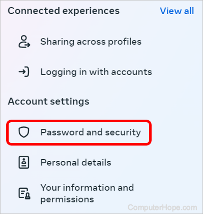 Password and security option on Meta Accounts Center page.