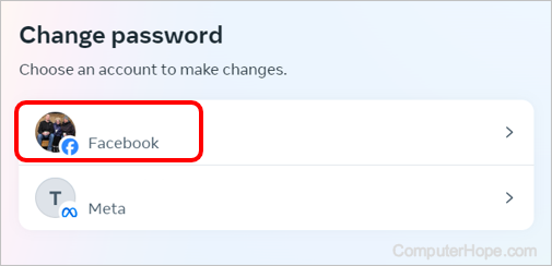 Select Facebook account at the Change password prompt.