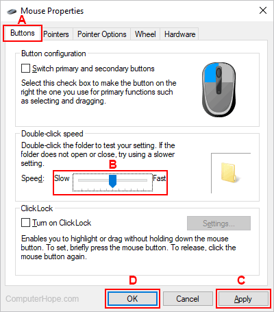 Adjusting mouse double-click speed in Windows.