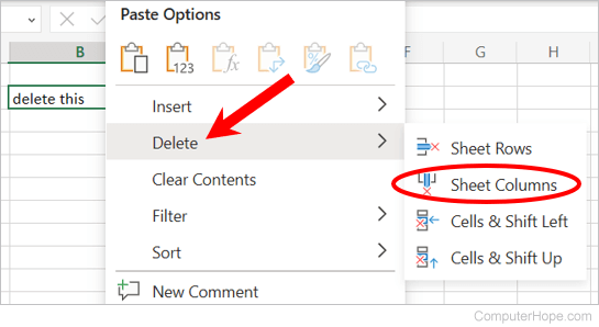 Delete a column in Microsoft Excel Online.