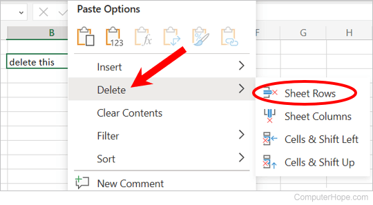 Delete a row in Microsoft Excel Online.