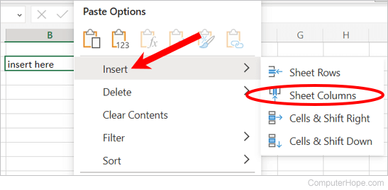 Insert a column in Microsoft Excel Online.