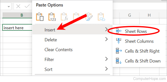 Insert a row in Microsoft Excel Online.