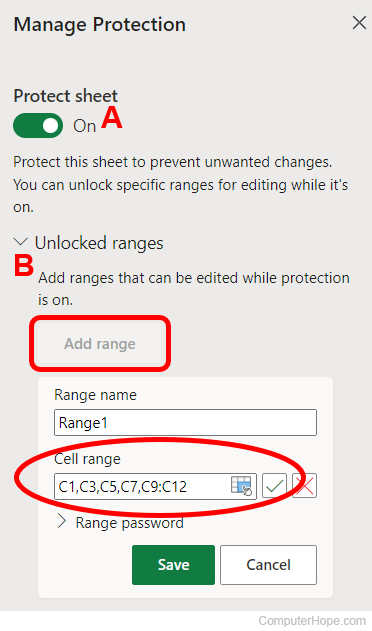 Excel Online worksheet protections - protect sheet and unlock cells.