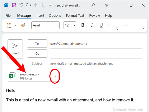 Accessing the drop-down menu to remove attachments from a Microsoft Outlook message.
