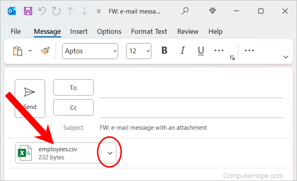 Accessing the drop-down menu to remove attachments from a Microsoft Outlook message being forwarded.
