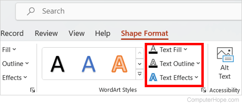 Formatting WordArt options in Microsoft PowerPoint.
